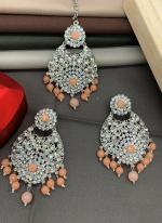 Peach Silver Plated Earrings With Maang Tikka